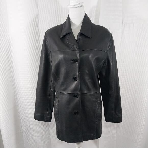 CHARLES KLEIN! SLEEK, CHIC BLACK GENUINE LEATHER TAILORED JACKET, COAT! SZ M - Picture 2 of 12